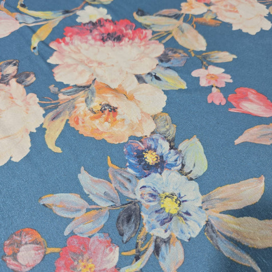 Deadstock Floral Viscose Jersey Fabric 58" Wide | Blue Stretch Dressmaking Fabric By the Meter