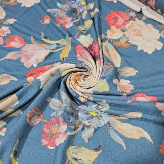 Deadstock Floral Viscose Jersey Fabric 58" Wide | Blue Stretch Dressmaking Fabric By the Meter