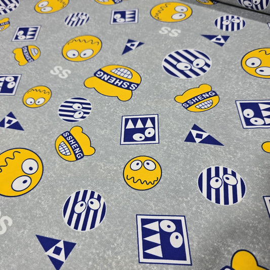 Deadstock Grey Emoji Faces Viscose Jersey Fabric Stretch 58" Kids By Meter