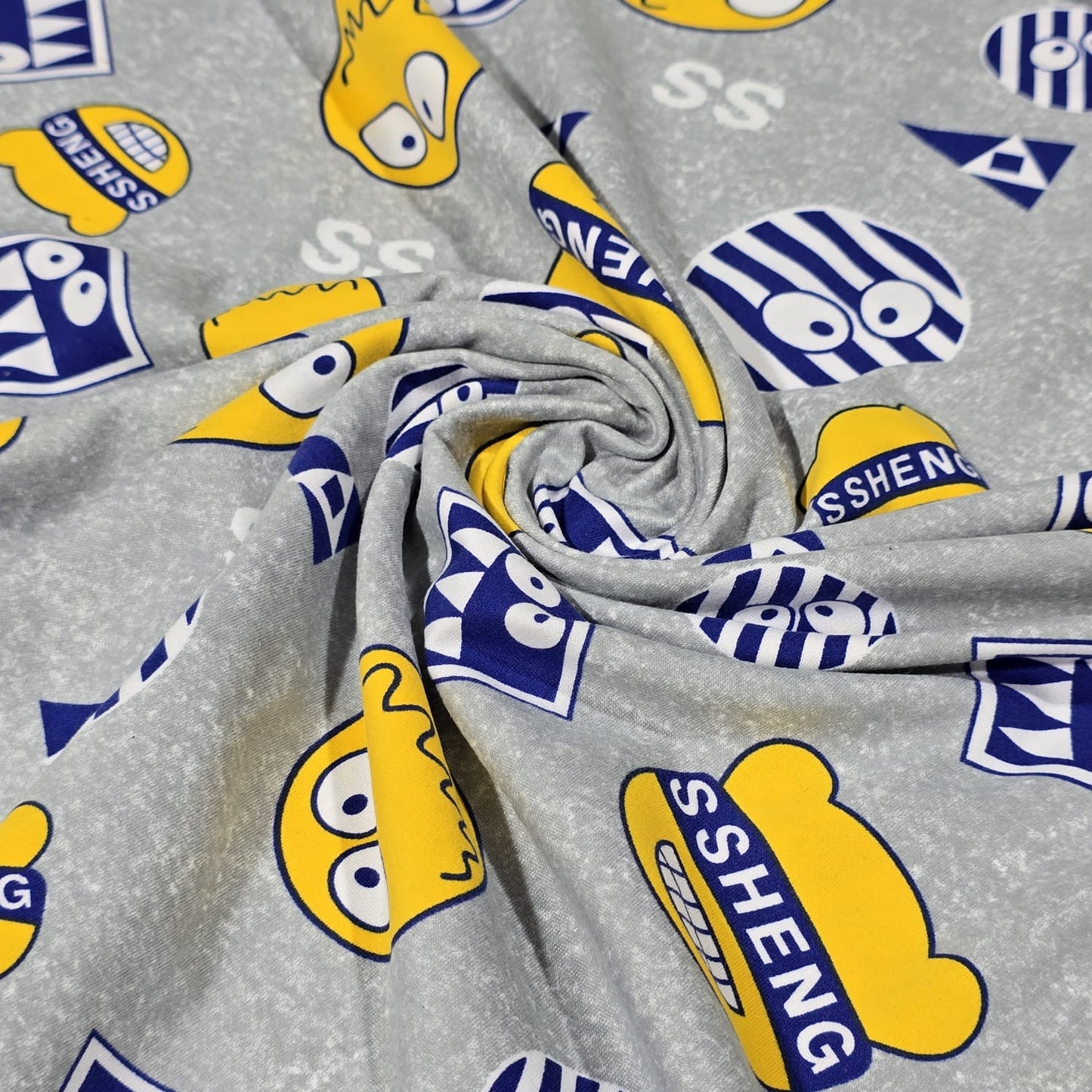 Deadstock Grey Emoji Faces Viscose Jersey Fabric Stretch 58" Kids By Meter