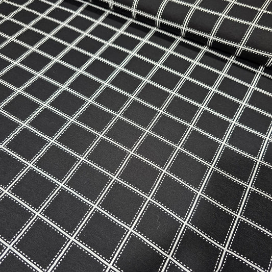 Deadstock Black Windowpane Viscose Jersey Fabric Stretch 58" Geometric By Meter