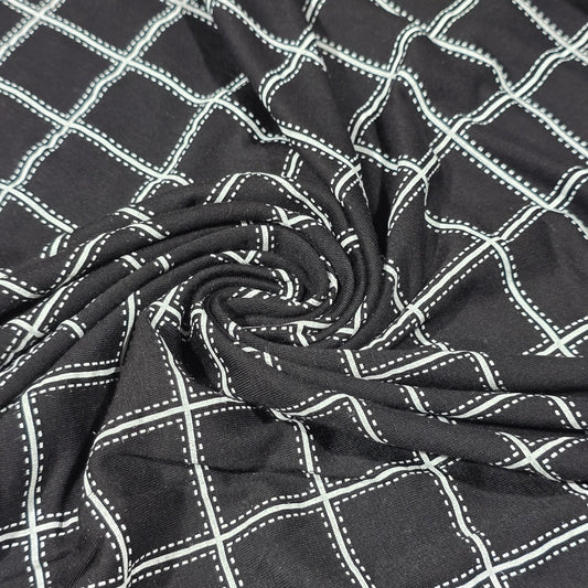 Deadstock Black Windowpane Viscose Jersey Fabric Stretch 58" Geometric By Meter