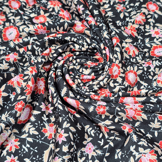 Deadstock Black Floral Viscose Jersey Fabric Pink Coral Ditsy Stretch 58" By Meter
