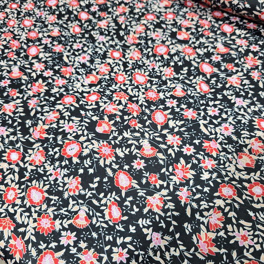 Deadstock Black Floral Viscose Jersey Fabric Pink Coral Ditsy Stretch 58" By Meter