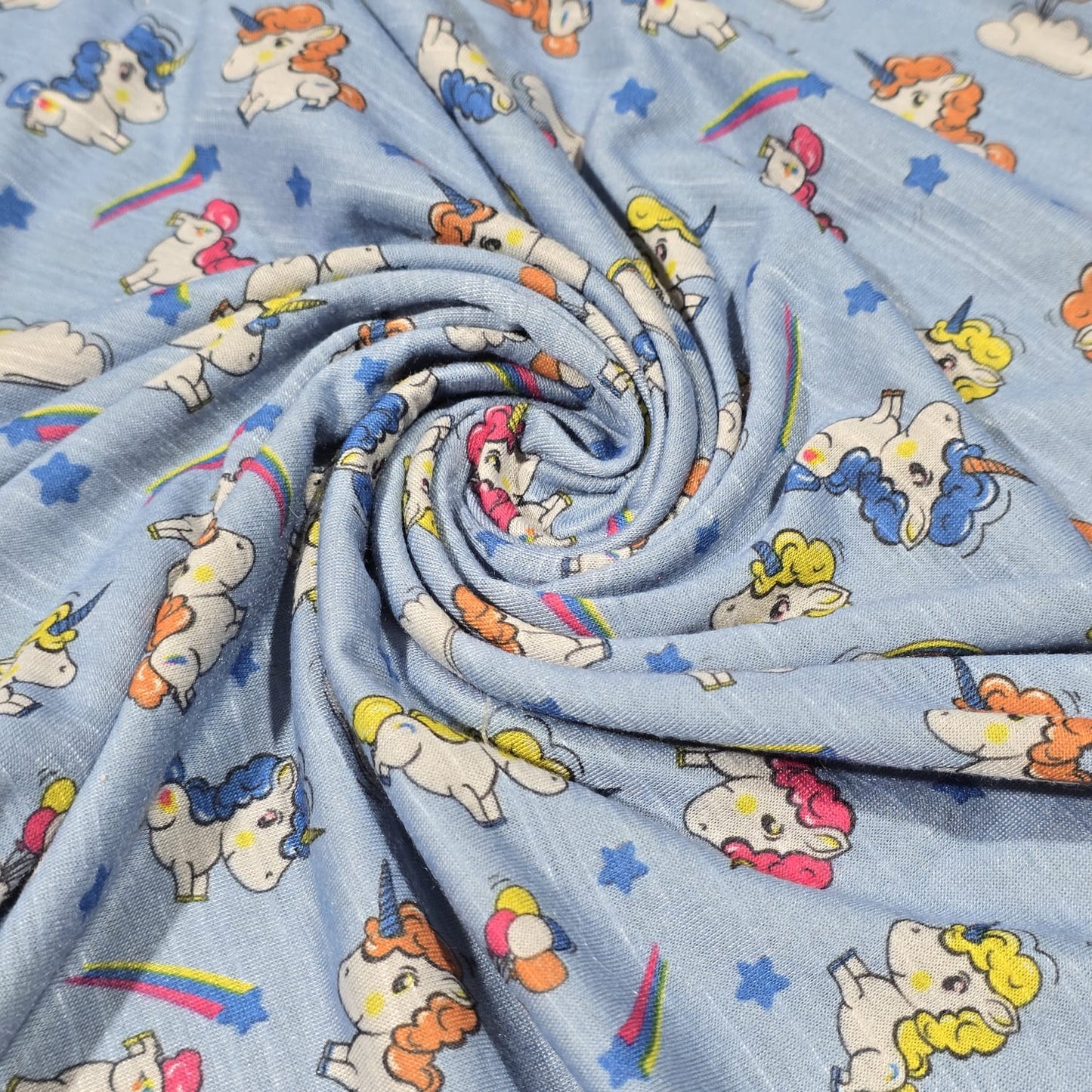 Pastel Unicorn Rainbow Cotton Jersey Fabric Blue Kids Stretch 58" By Meter