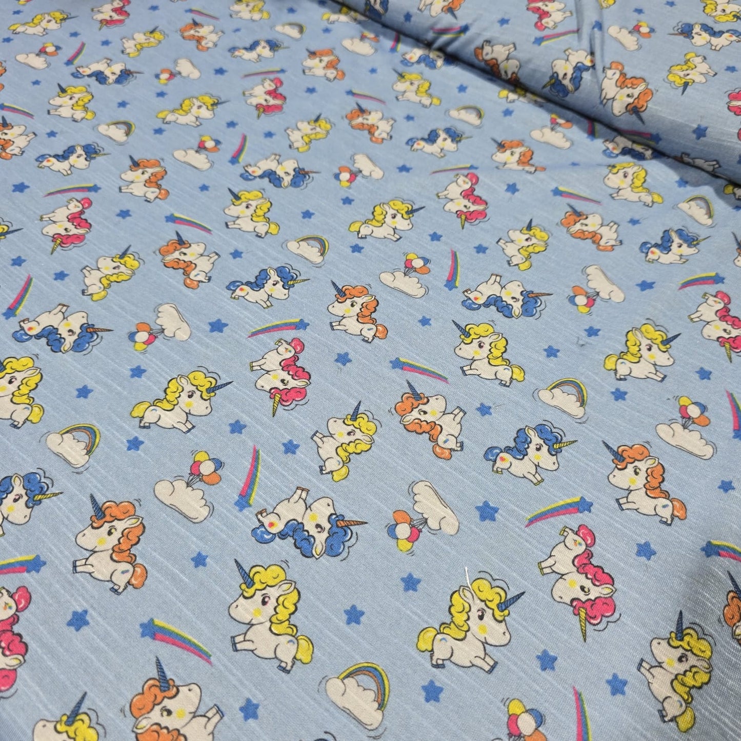 Pastel Unicorn Rainbow Cotton Jersey Fabric Blue Kids Stretch 58" By Meter