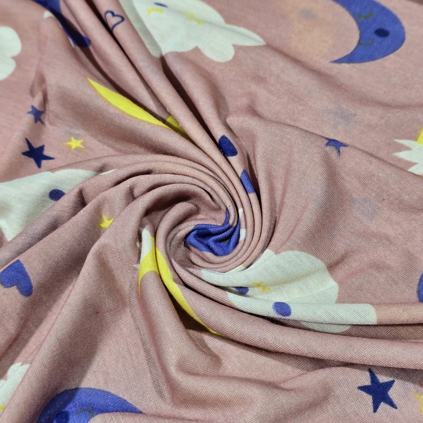 Sleepy Moon Cotton Jersey Fabric Clouds Stars Nursery Baby Stretch 58" By Meter