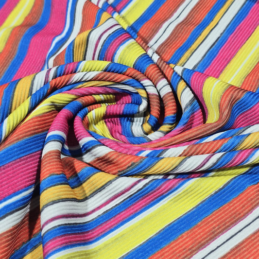 Plissé Rainbow Stripe Ribbed Jersey Stretch Fabric White Blue Pink Yellow Orange By The Meter