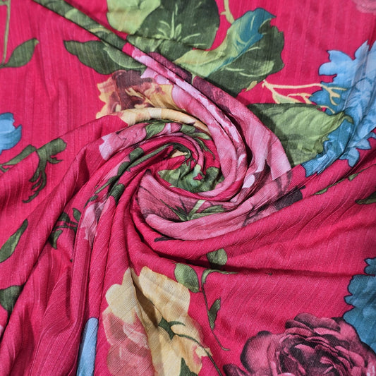 Pink Floral Plissé Ribbed Jersey Stretch Fabric – Large Rose Print Dress Fabric