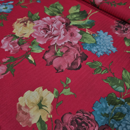 Pink Floral Plissé Ribbed Jersey Stretch Fabric – Large Rose Print Dress Fabric