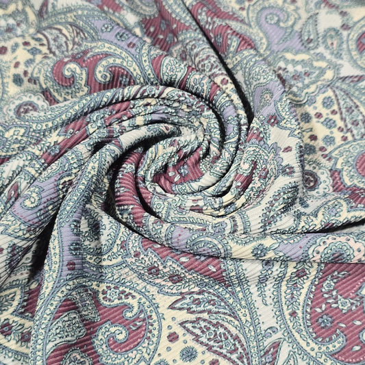 Paisley Plissé Stretch Ribbed Jersey Fabric Vintage Floral Swirl Dress Material 58" By The Meter