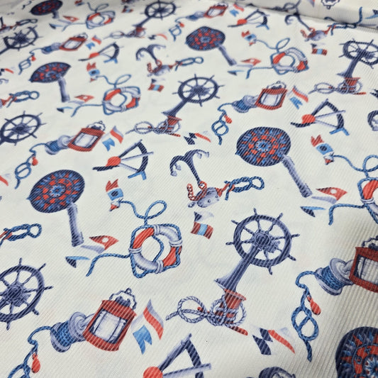 Nautical Plissé Stretch Ribbed Jersey Marine Coastal Dress Fabric 58" By The Meter