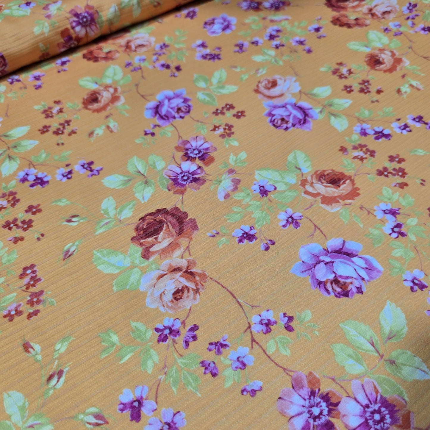 Mustard Floral Plissé Stretch Ribbed Jersey Vintage Rose Dress Fabric By The Meter