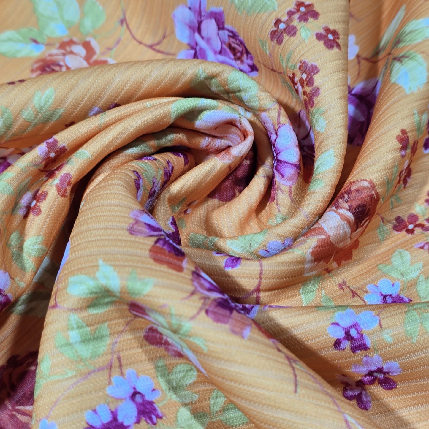 Mustard Floral Plissé Stretch Ribbed Jersey Vintage Rose Dress Fabric By The Meter