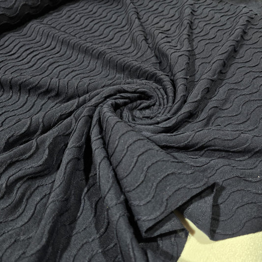 Navy Blue Textured Wave Ribbed Jersey Fabric Stretch Dressmaking Material By The Meter