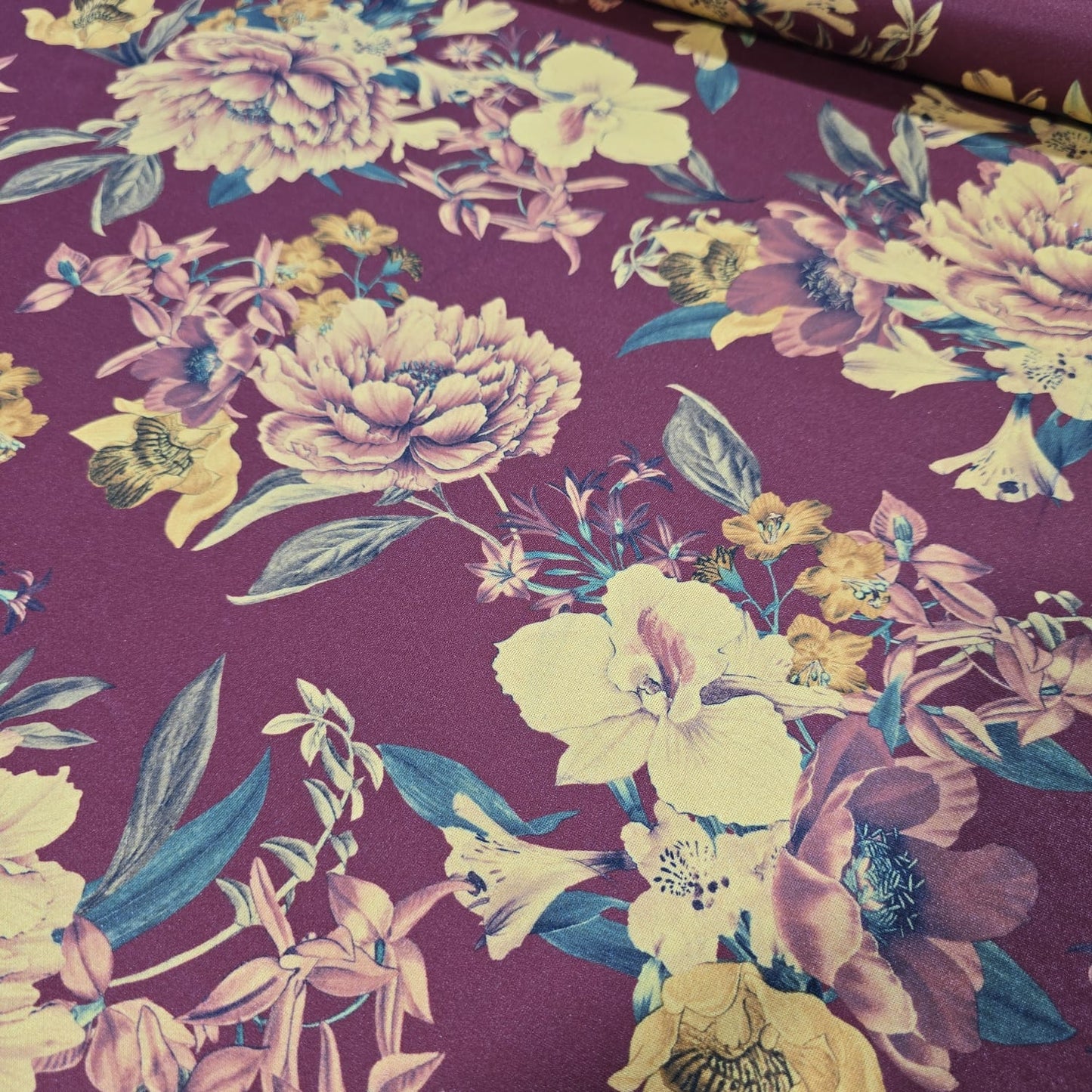 Burgundy Floral Scuba Crepe Fabric 58" Stretch Dressmaking Material By The Meter