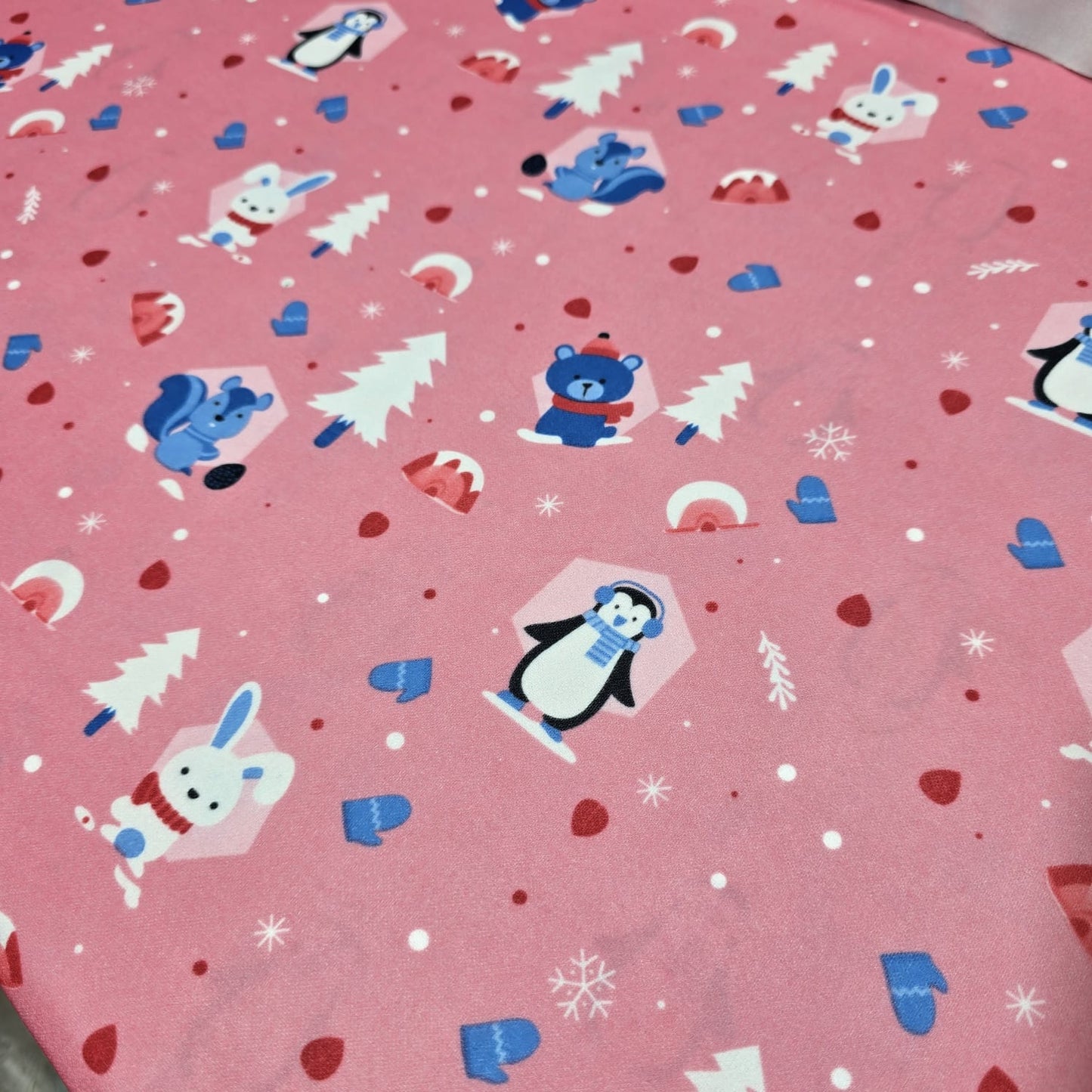 Scuba Crepe Fabric – Winter Animals & Snow Print on Pink | Stretch Fabric by the Meter (58” Wide)