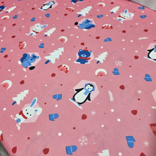 Scuba Crepe Fabric – Winter Animals & Snow Print on Pink | Stretch Fabric by the Meter (58” Wide)