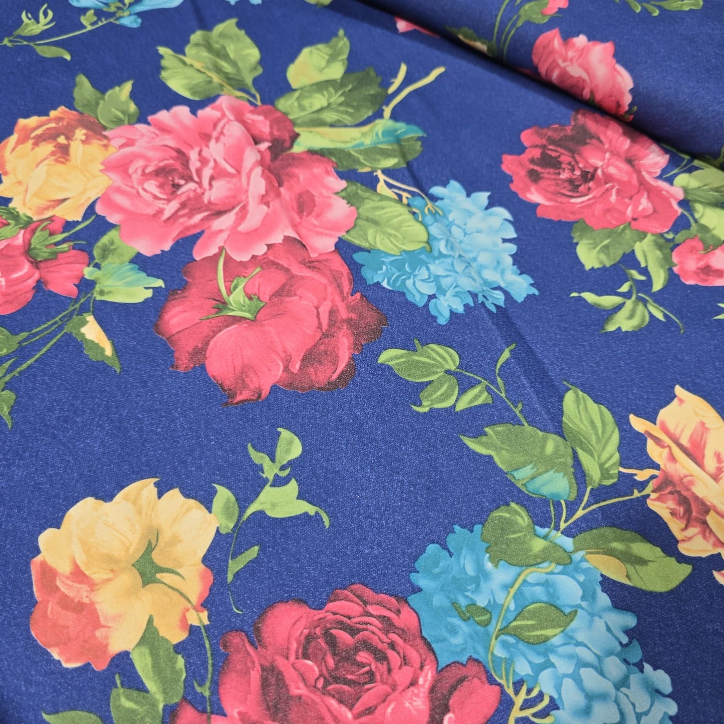 Royal Blue Floral Scuba Crepe Fabric 58" Stretch Dressmaking Material By The Meter