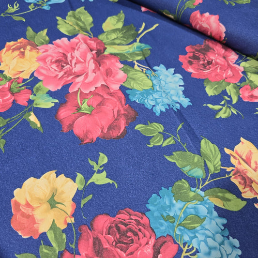 Royal Blue Floral Scuba Crepe Fabric 58" Stretch Dressmaking Material By The Meter