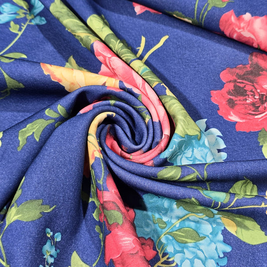 Royal Blue Floral Scuba Crepe Fabric 58" Stretch Dressmaking Material By The Meter