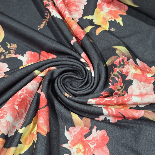 Black Floral Scuba Crepe Fabric 58" Stretch Dressmaking Material By The Meter