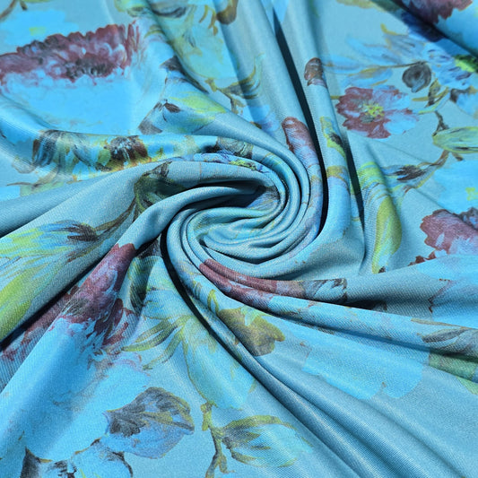 Sky Blue Floral Scuba Crepe Fabric 58" Stretch Dressmaking Material By The Meter
