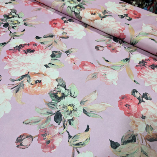Pastel Pink Floral Scuba Crepe Fabric – Soft & Stretchy Floral Print By Meter