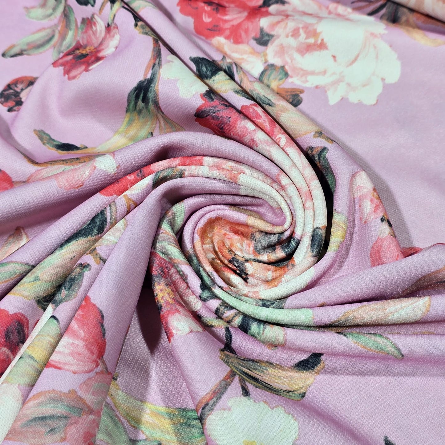 Pastel Pink Floral Scuba Crepe Fabric – Soft & Stretchy Floral Print By Meter