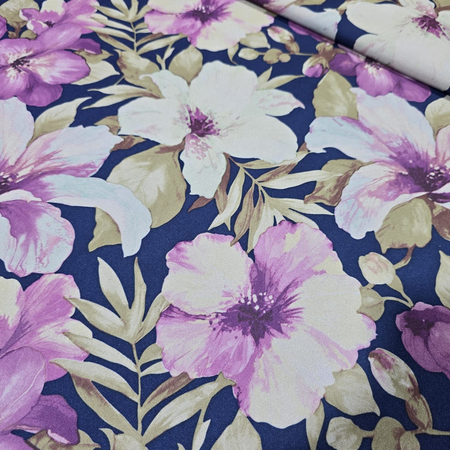 Navy Floral Scuba Crepe Fabric 58" Stretch Dressmaking Material By The Meter