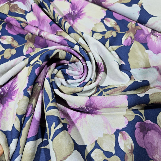 Navy Floral Scuba Crepe Fabric 58" Stretch Dressmaking Material By The Meter