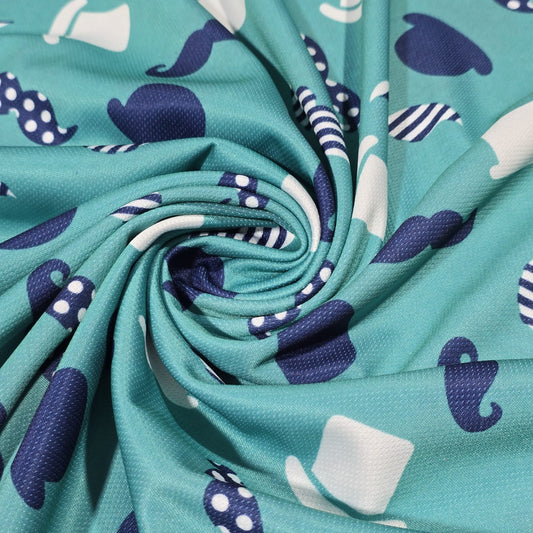 Playful Mustache & Hat Scuba Crepe Fabric – Stretchy Teal Print by the Meter