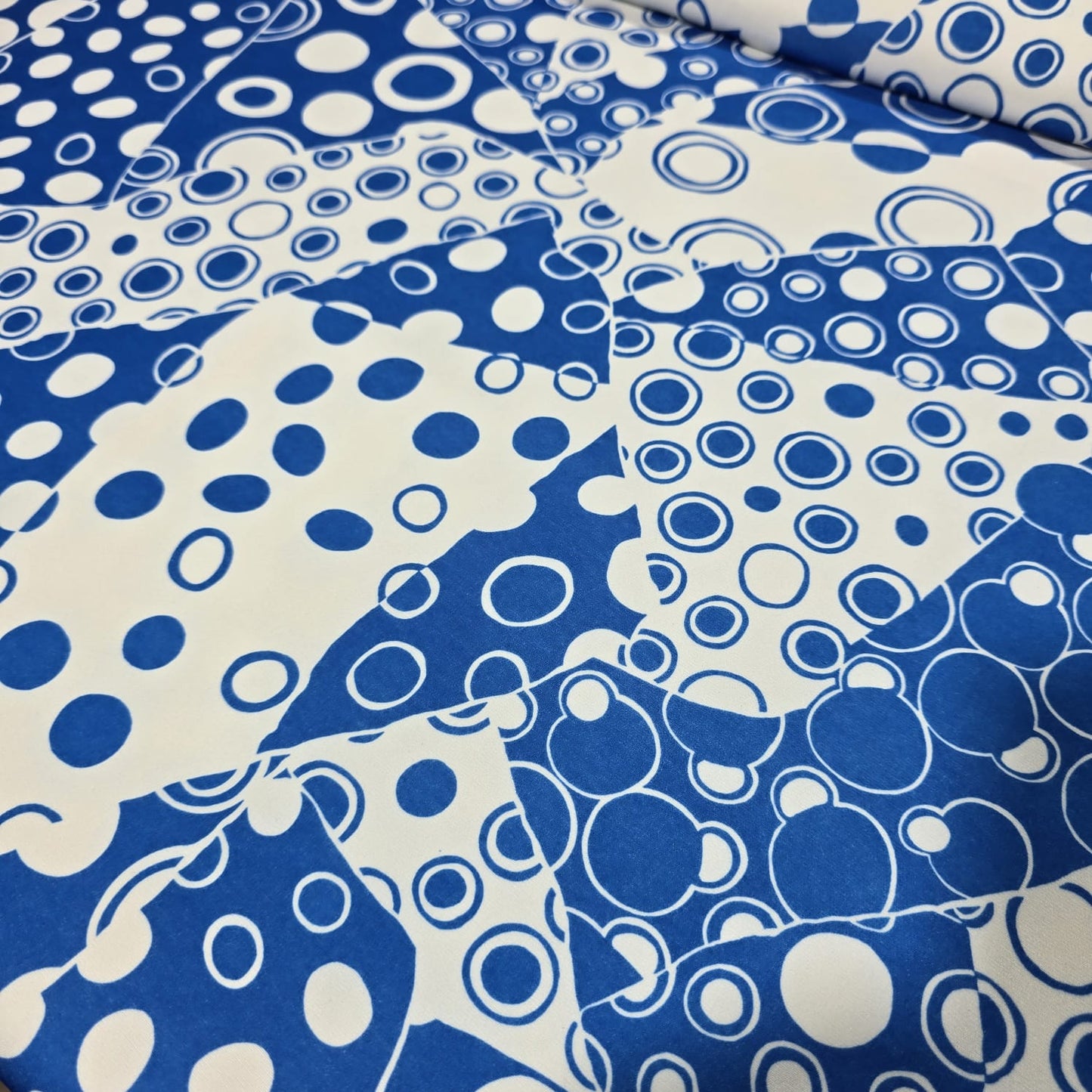 Abstract Blue Patchwork Scuba Crepe Fabric 58" Stretch Dressmaking Material By The Meter