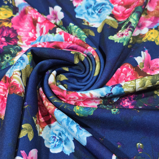 Floral Bouquet Scuba Fabric Navy 58" Stretch Dress Craft Upholstery Material By The Meter