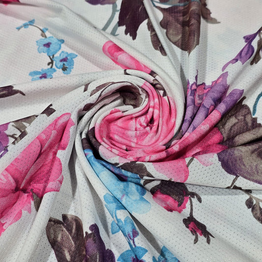 Floral Dri Fit Jersey Fabric 58" White Sports Stretch Activewear Fabric By The Meter