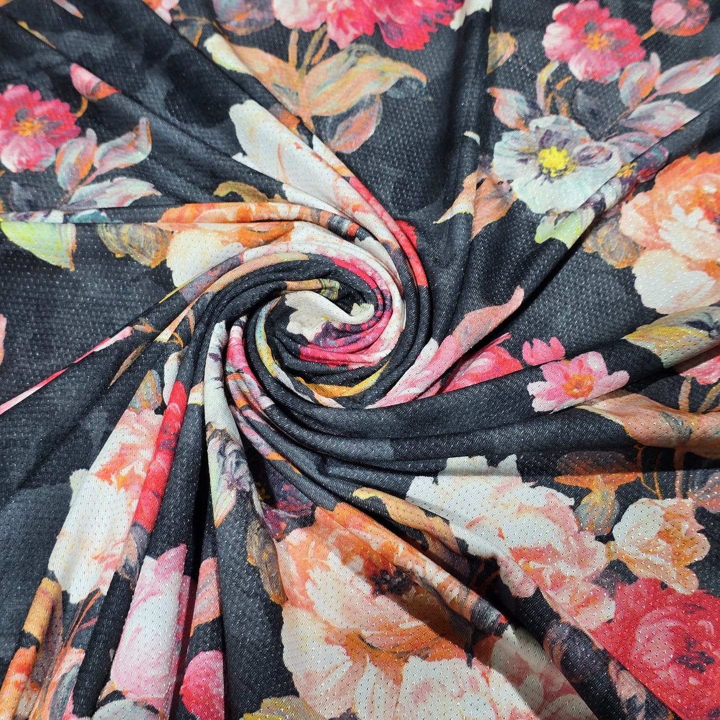 Floral Dri Fit Jersey Fabric 58" Black Sports Stretch Activewear Fabric By The Meter