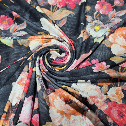 Floral Dri Fit Jersey Fabric 58" Black Sports Stretch Activewear Fabric By The Meter