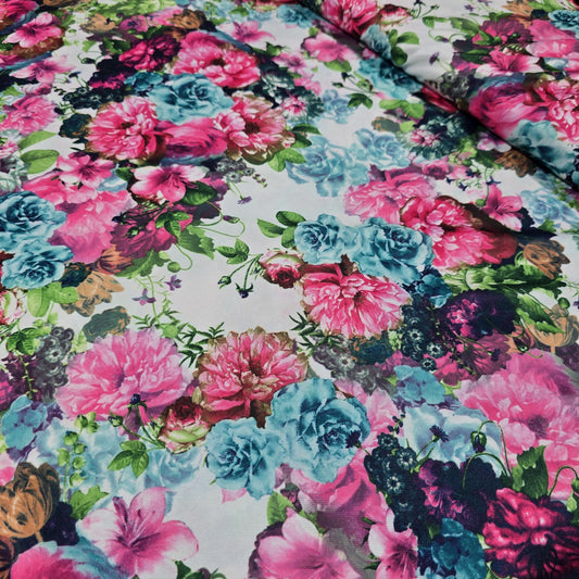 White Floral ITY Stretch Jersey Fabric 58" Soft Knit Dressmaking Fabric By The Meter