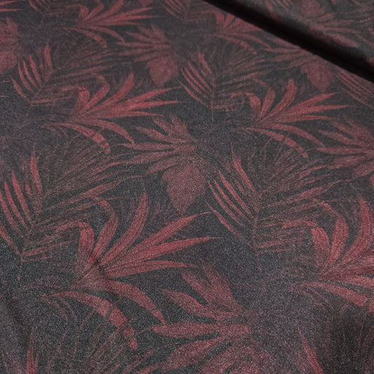 Burgundy Shadow Palm Leaf ITY Stretch Fabric | 58" Wide Soft Jersey Dressmaking Fabric – Sold by the Metre