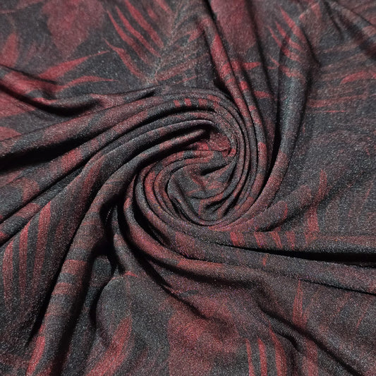 Burgundy Shadow Palm Leaf ITY Stretch Fabric | 58" Wide Soft Jersey Dressmaking Fabric – Sold by the Metre