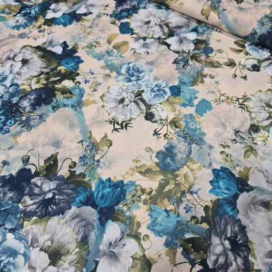 Blue Watercolour Floral ITY Jersey Fabric – 58" Wide Stretch Dressmaking Fabric Sold By The Metre