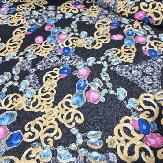 Luxury Baroque Jewel Print Jersey Fabric – 58" Wide Soft Stretch Dressmaking Fabric Sold By The Metre