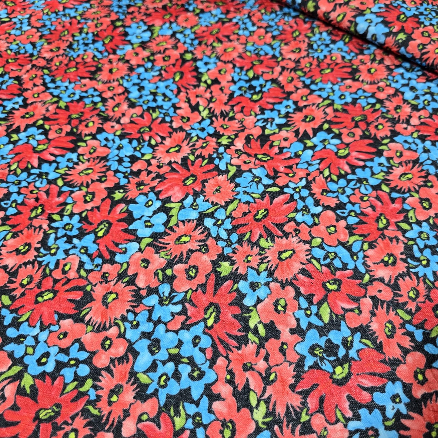 Red & Blue Floral Textured Jersey Fabric – 58" Wide Stretch Dressmaking Fabric Sold By The Metre