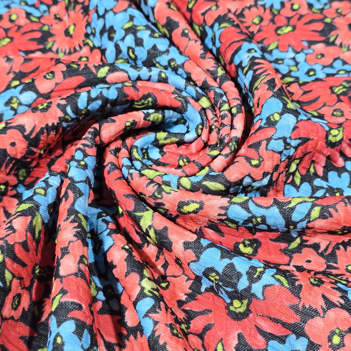 Red & Blue Floral Textured Jersey Fabric – 58" Wide Stretch Dressmaking Fabric Sold By The Metre