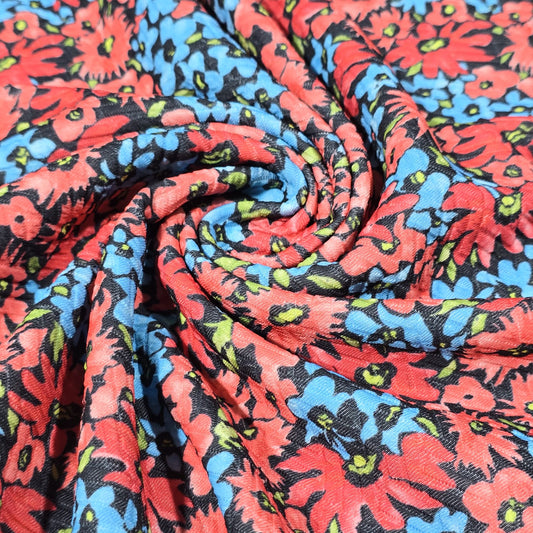 Red & Blue Floral Textured Jersey Fabric – 58" Wide Stretch Dressmaking Fabric Sold By The Metre