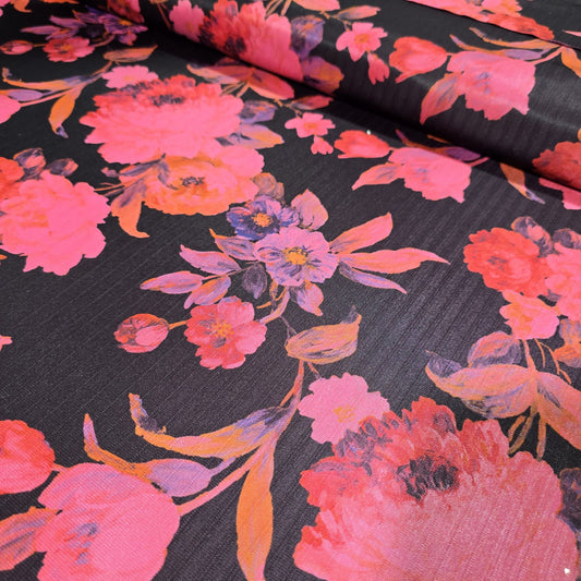 BLACK PINK Premium Textured Floral Jersey Fabric – Black Multi | 58" Wide | Sold by the Metre