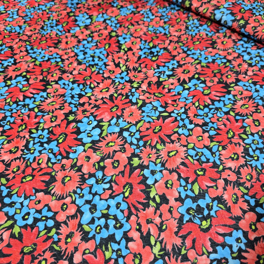 Red & Blue Floral Textured Jersey Fabric – 58" Wide Stretch Dressmaking Fabric Sold By The Metre