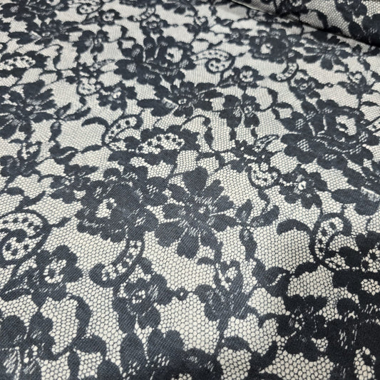 Premium Viscose Jersey Fabric – Black & Ivory Lace Print | 58" Wide | Sold by the Metre
