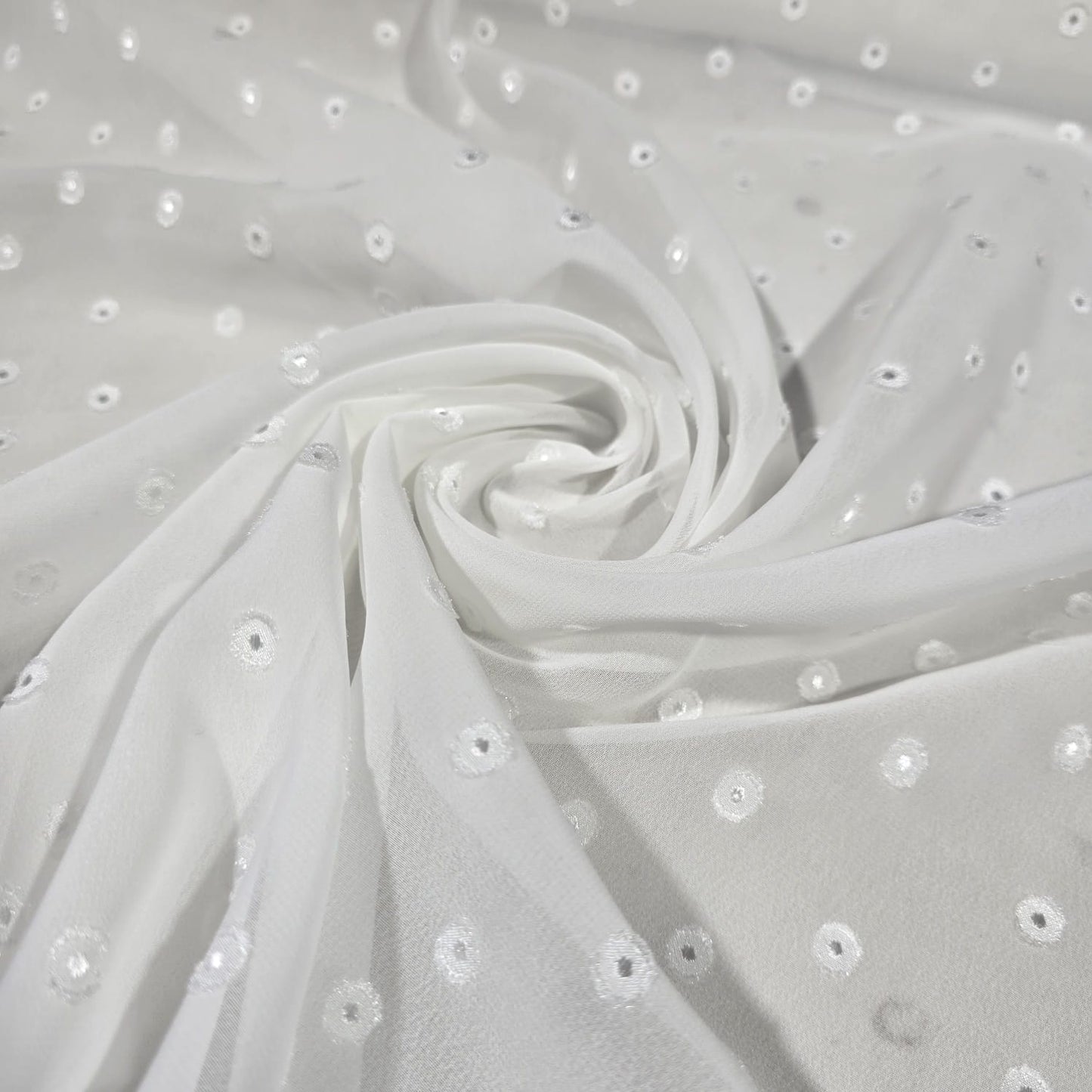 White Embroidered Spot Chiffon Fabric – Lightweight Sheer Dress Fabric | 44" Wide | Sold by the Meter