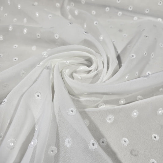 White Embroidered Spot Chiffon Fabric – Lightweight Sheer Dress Fabric | 44" Wide | Sold by the Meter